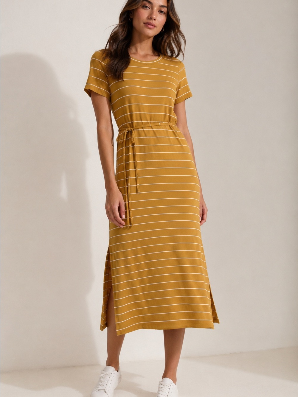 Banana Republic Mustard Stripe Tie-Waist Midi Dress M